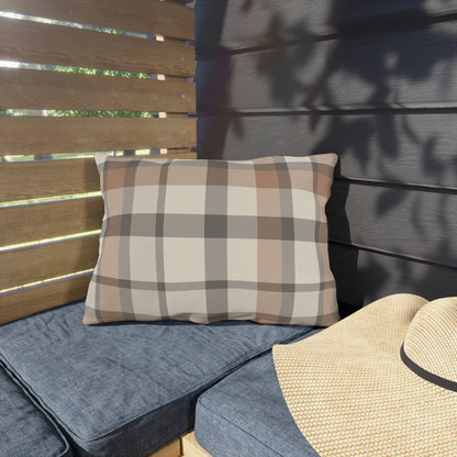 Taupe plaid lumbar outdoor pillow — spun polyester, UV and water resistant