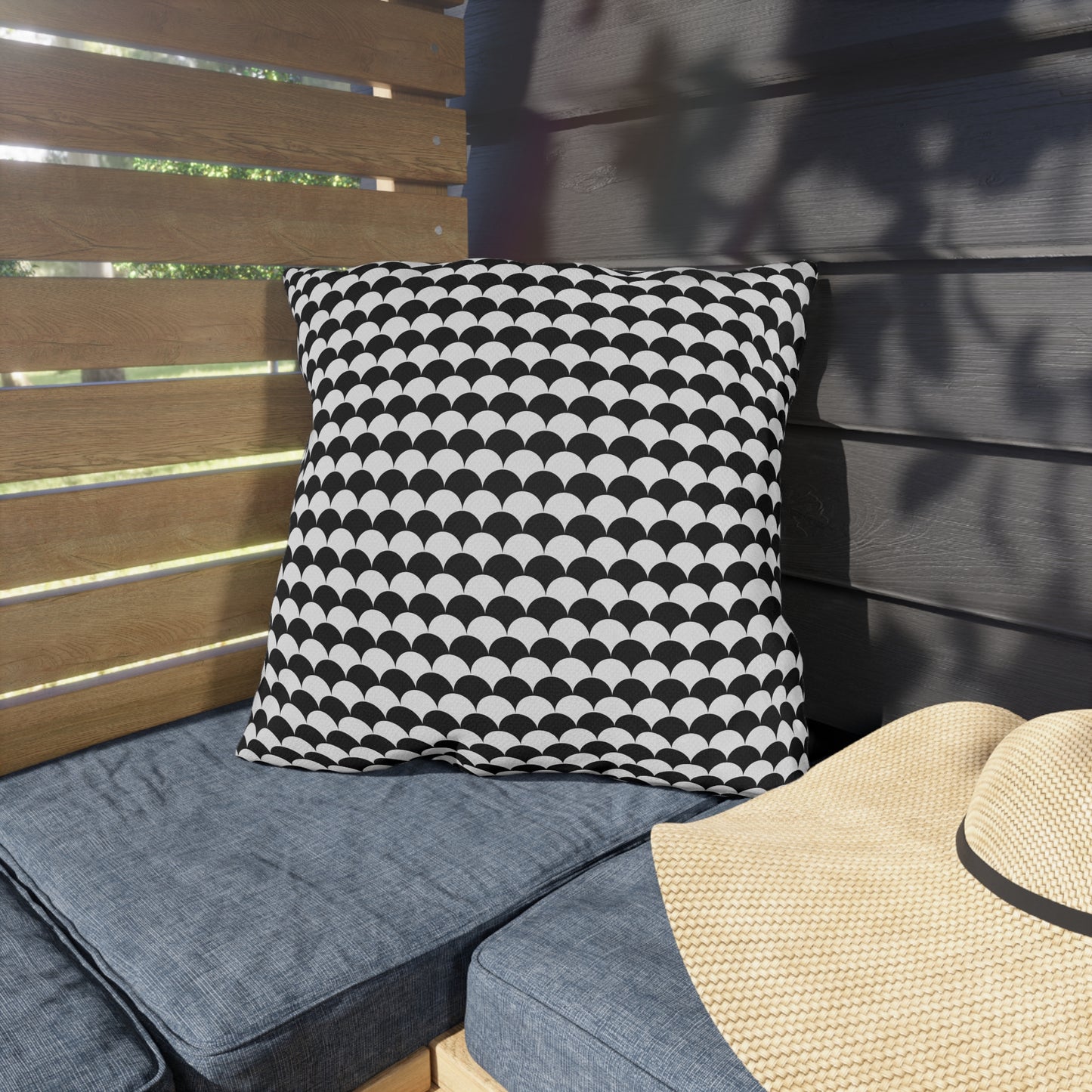 Black and white scallop outdoor pillow — spun polyester, UV and water resistant