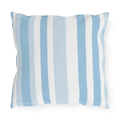 Blue and white striped outdoor pillow — spun polyester, UV and water resistant