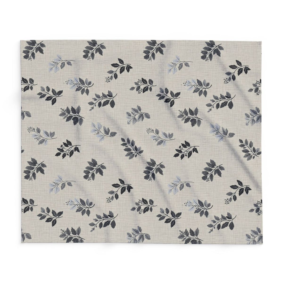Charcoal leaf sprig outdoor fleece blanket — 315 gsm polyester fleece, soft on both sides