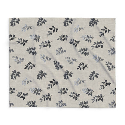 Charcoal leaf sprig outdoor fleece blanket — 315 gsm polyester fleece, soft on both sides