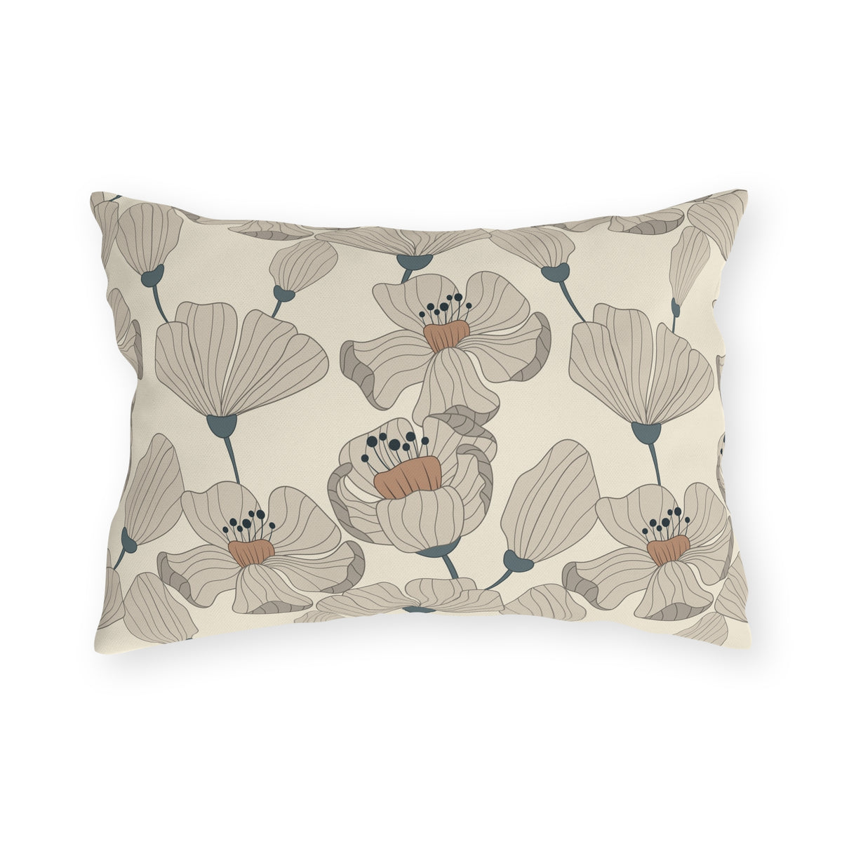 Taupe poppy lumbar outdoor pillow — spun polyester, UV and water resistant