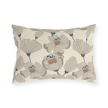 Taupe poppy lumbar outdoor pillow — spun polyester, UV and water resistant