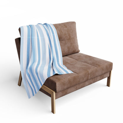 Blue and white striped outdoor fleece blanket — 315 gsm polyester fleece, soft on both sides