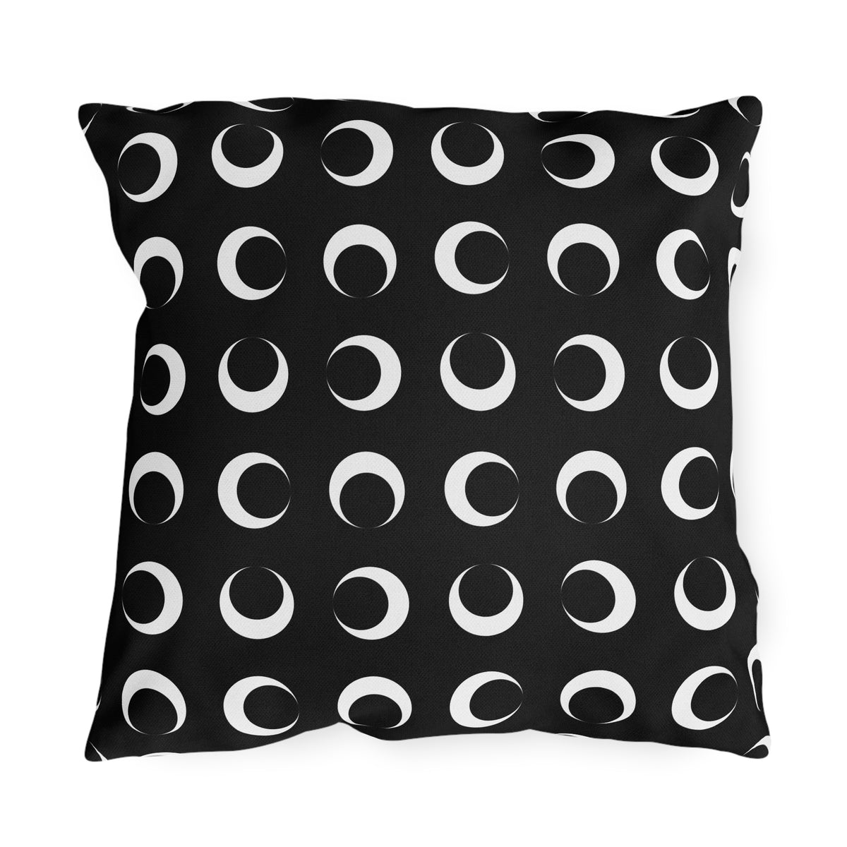 Black crescent moon outdoor pillow — spun polyester, UV and water resistant