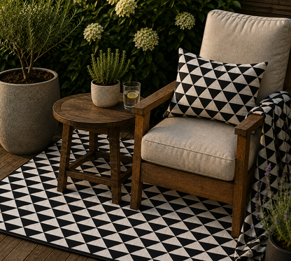 Black and white quilt triangle outdoor rug — soft polyester chenille with a non-slip backing