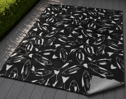 Black and white fish outdoor rug — soft polyester chenille with a non-slip backing