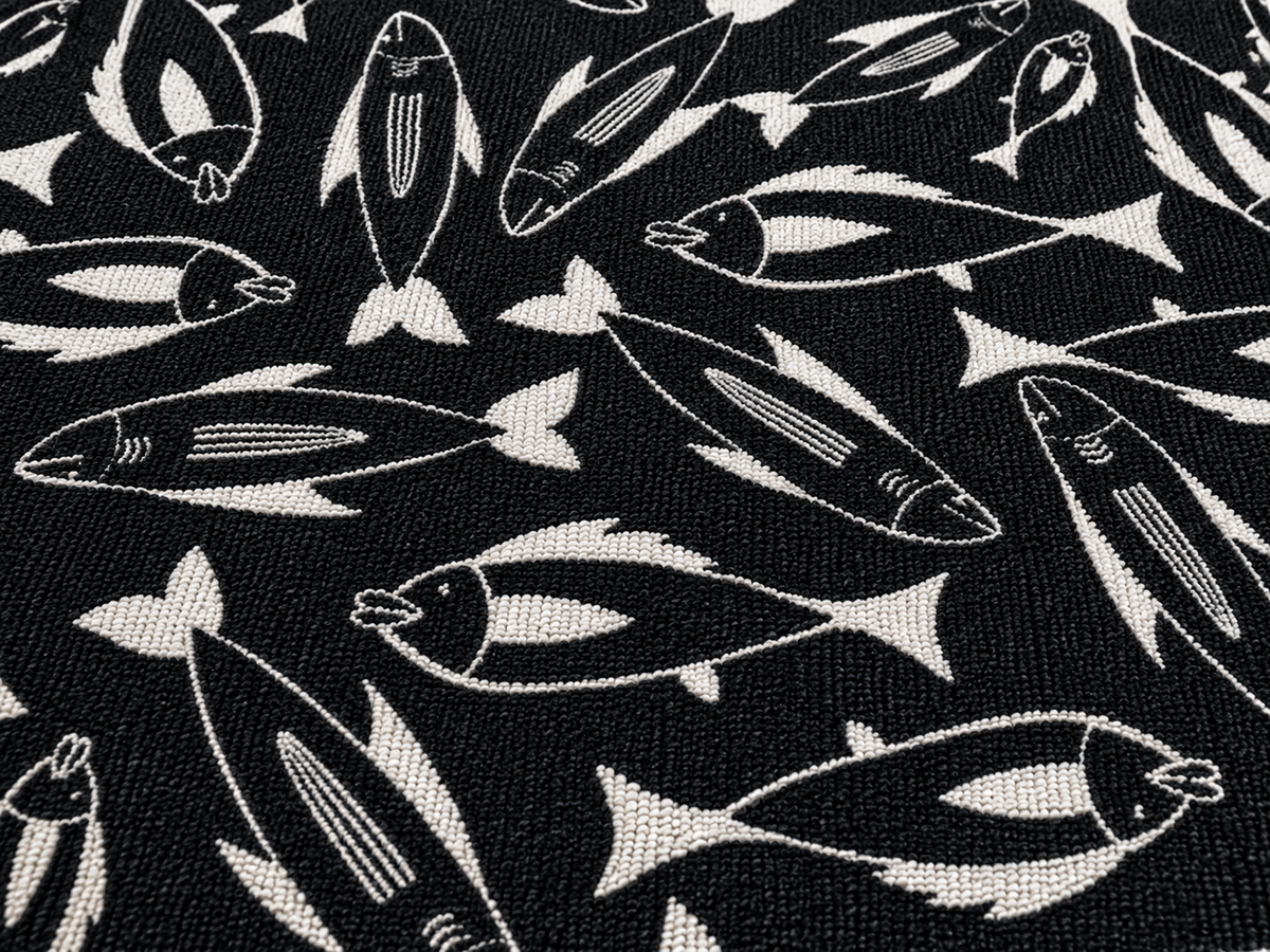 Black and white fish outdoor rug — soft polyester chenille with a non-slip backing