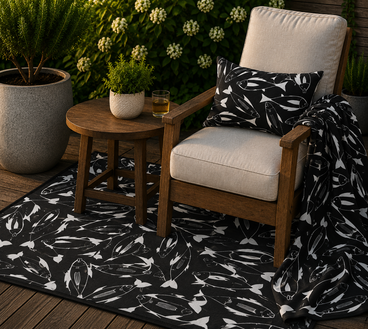 Black and white fish outdoor rug — soft polyester chenille with a non-slip backing
