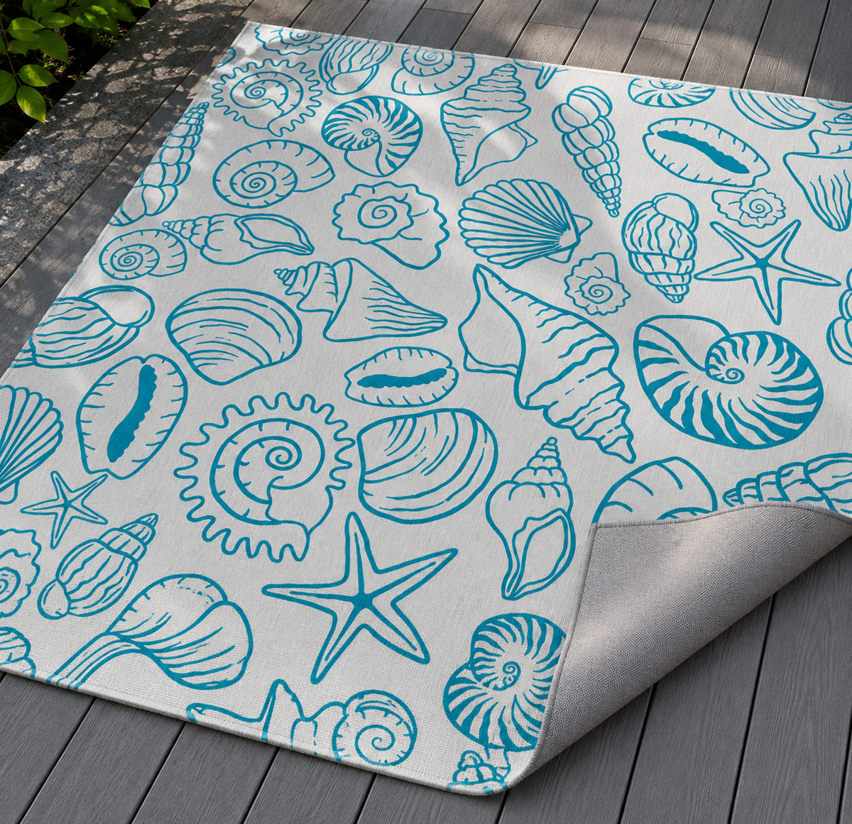 Blue shell sketch outdoor rug — soft polyester chenille with a non-slip backing