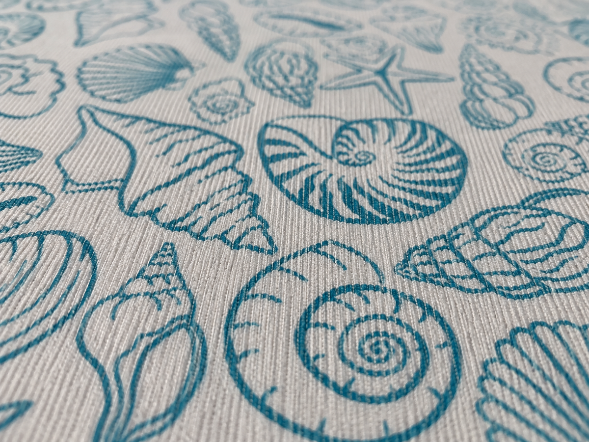 Blue shell sketch outdoor rug — soft polyester chenille with a non-slip backing