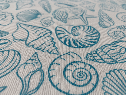 Blue shell sketch outdoor rug — soft polyester chenille with a non-slip backing