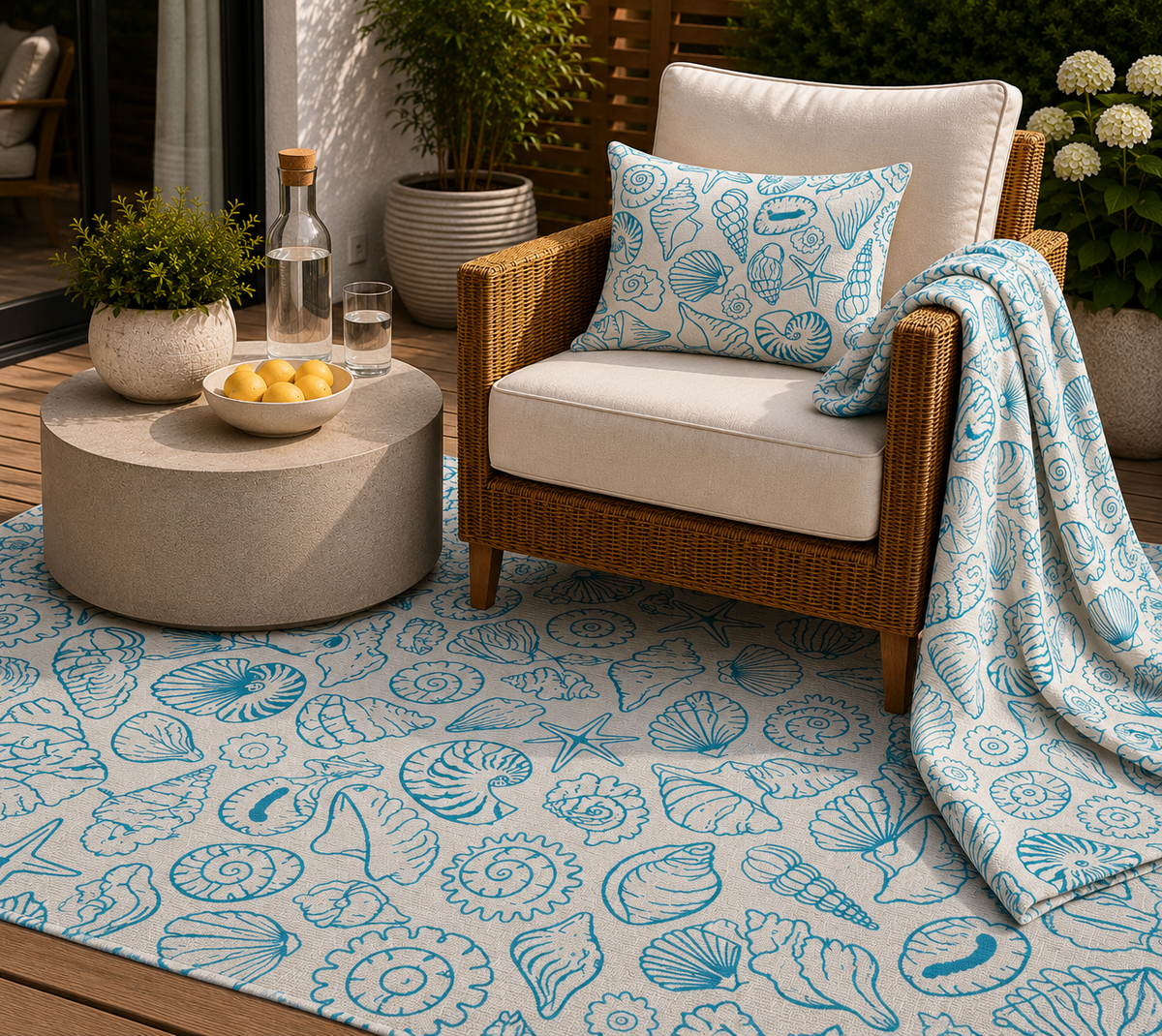 Blue shell sketch outdoor rug — soft polyester chenille with a non-slip backing