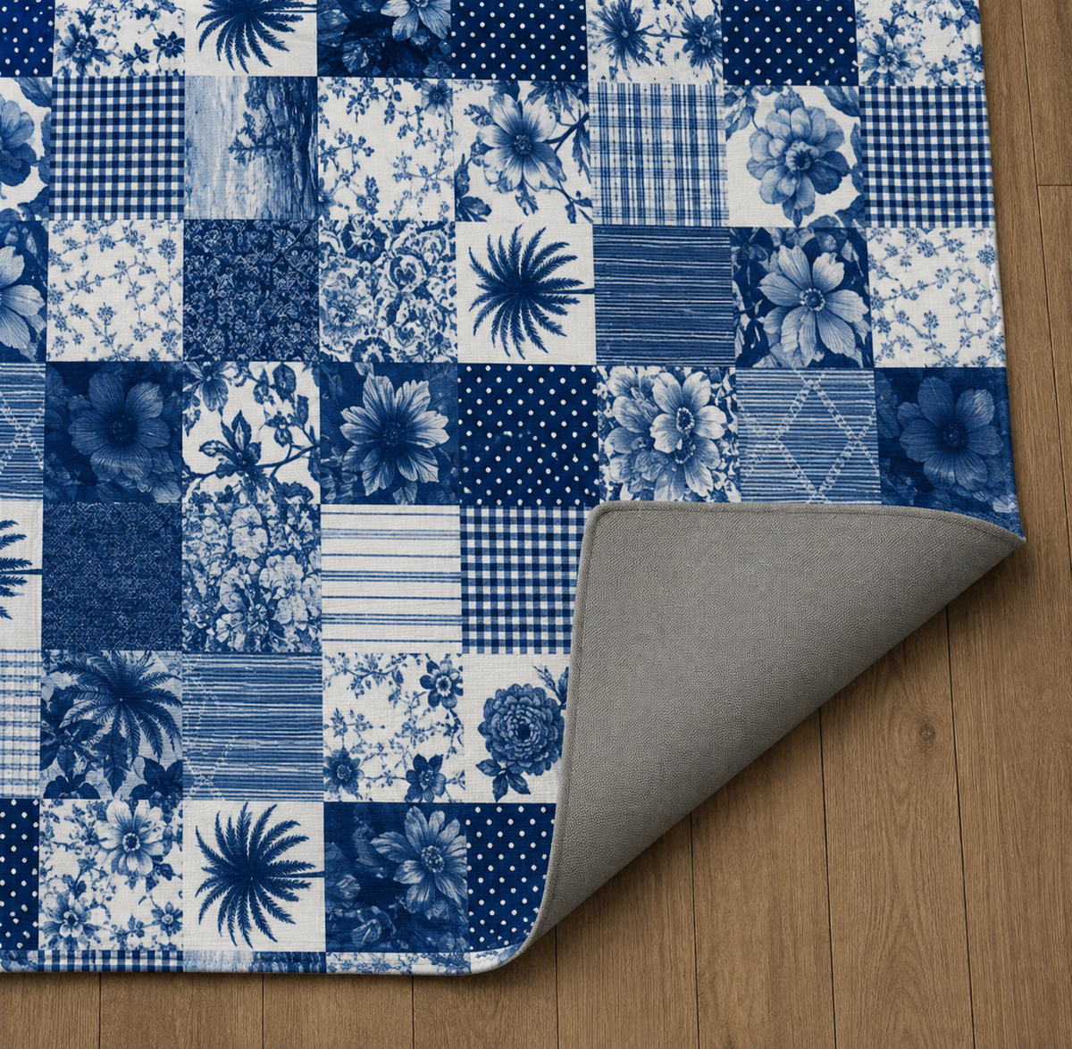 Blue and white patchwork outdoor rug — soft polyester chenille with a non-slip backing