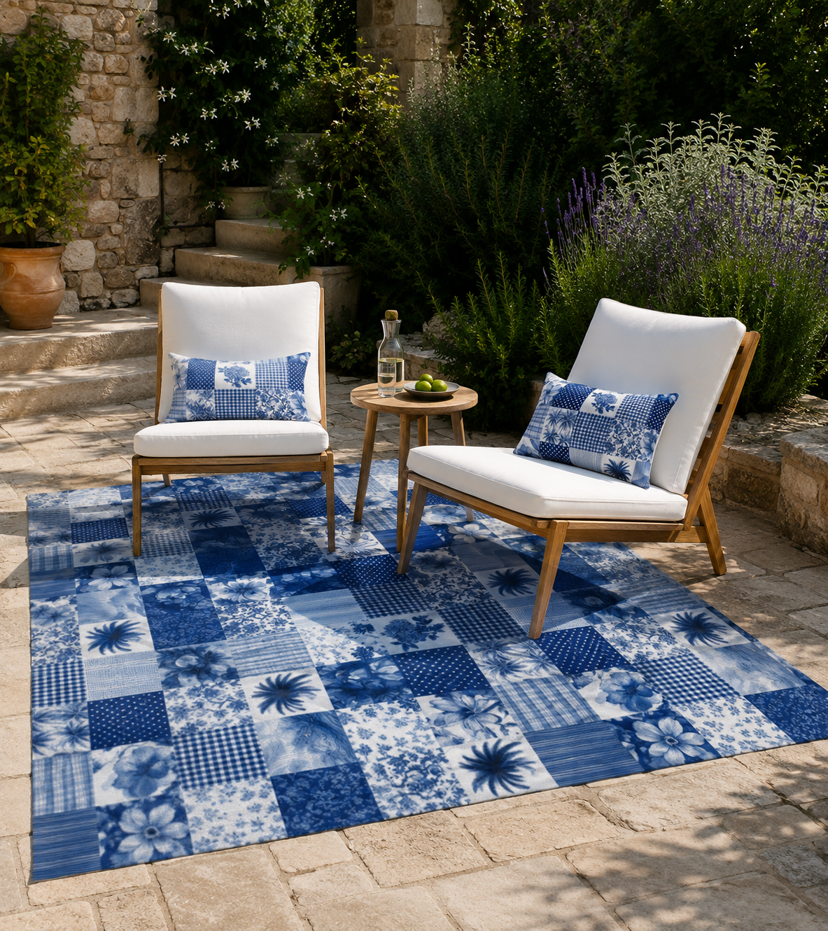 Blue and white patchwork outdoor rug — soft polyester chenille with a non-slip backing