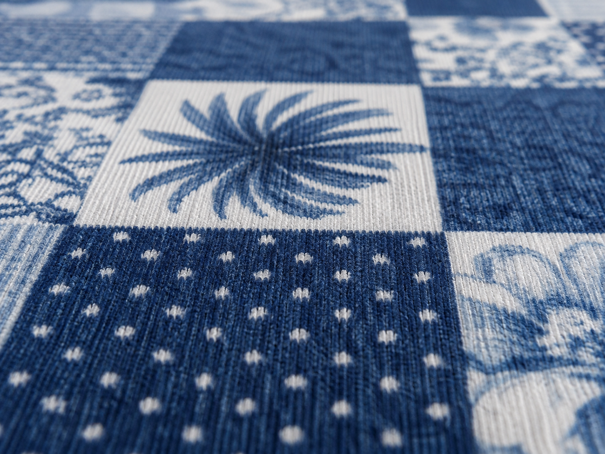 Blue and white patchwork outdoor rug — soft polyester chenille with a non-slip backing