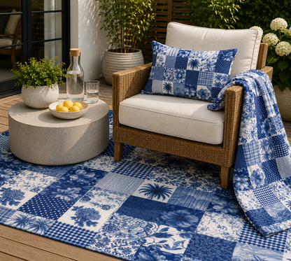 Blue and white patchwork outdoor rug — soft polyester chenille with a non-slip backing