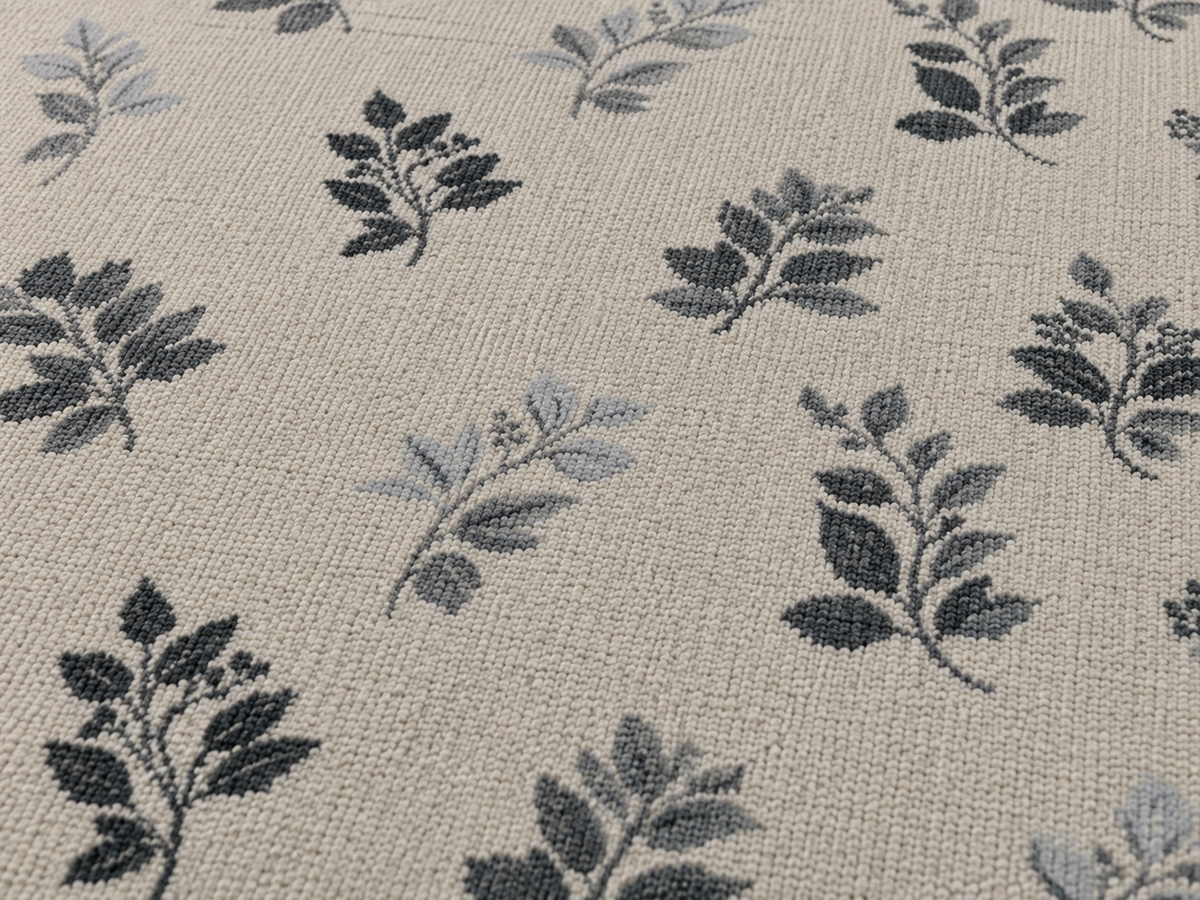 Charcoal leaf sprig outdoor rug — soft polyester chenille with a non-slip backing