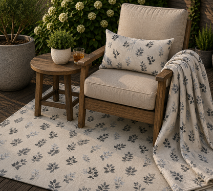 Charcoal leaf sprig outdoor rug — soft polyester chenille with a non-slip backing