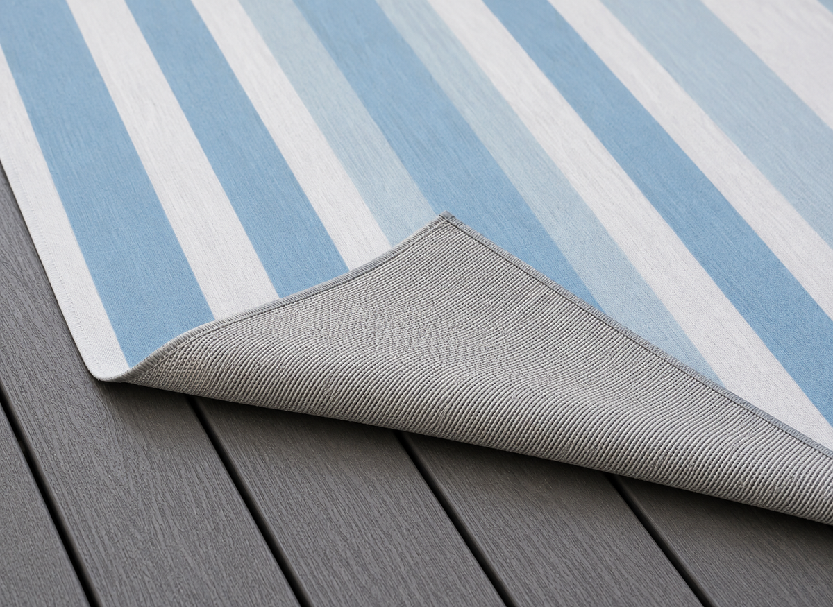 Blue and white striped outdoor rug — soft polyester chenille with a non-slip backing