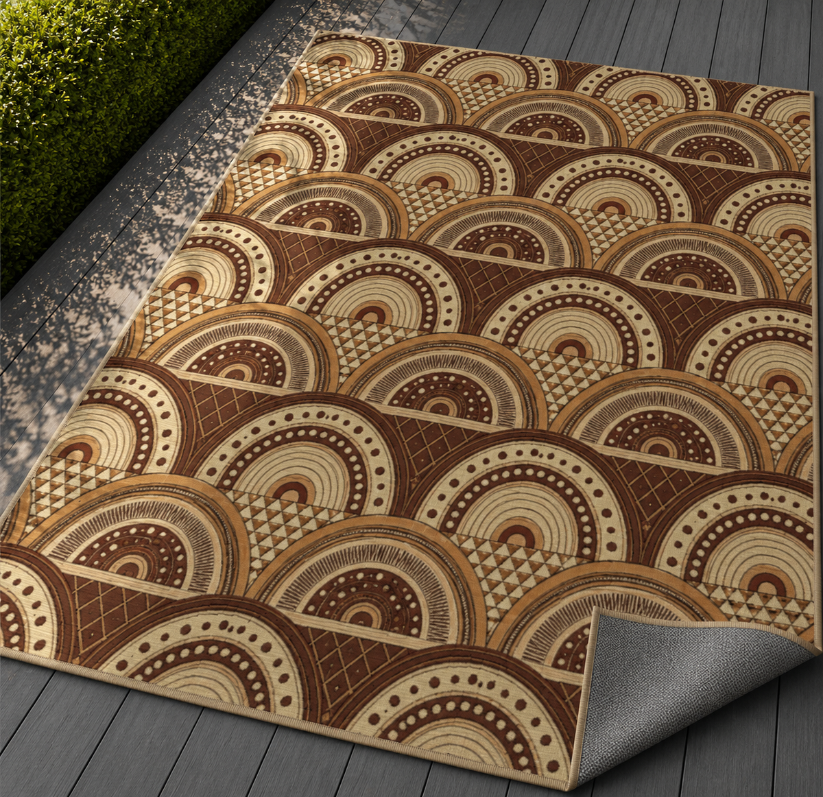 Clay boho arch outdoor rug — soft polyester chenille with a non-slip backing