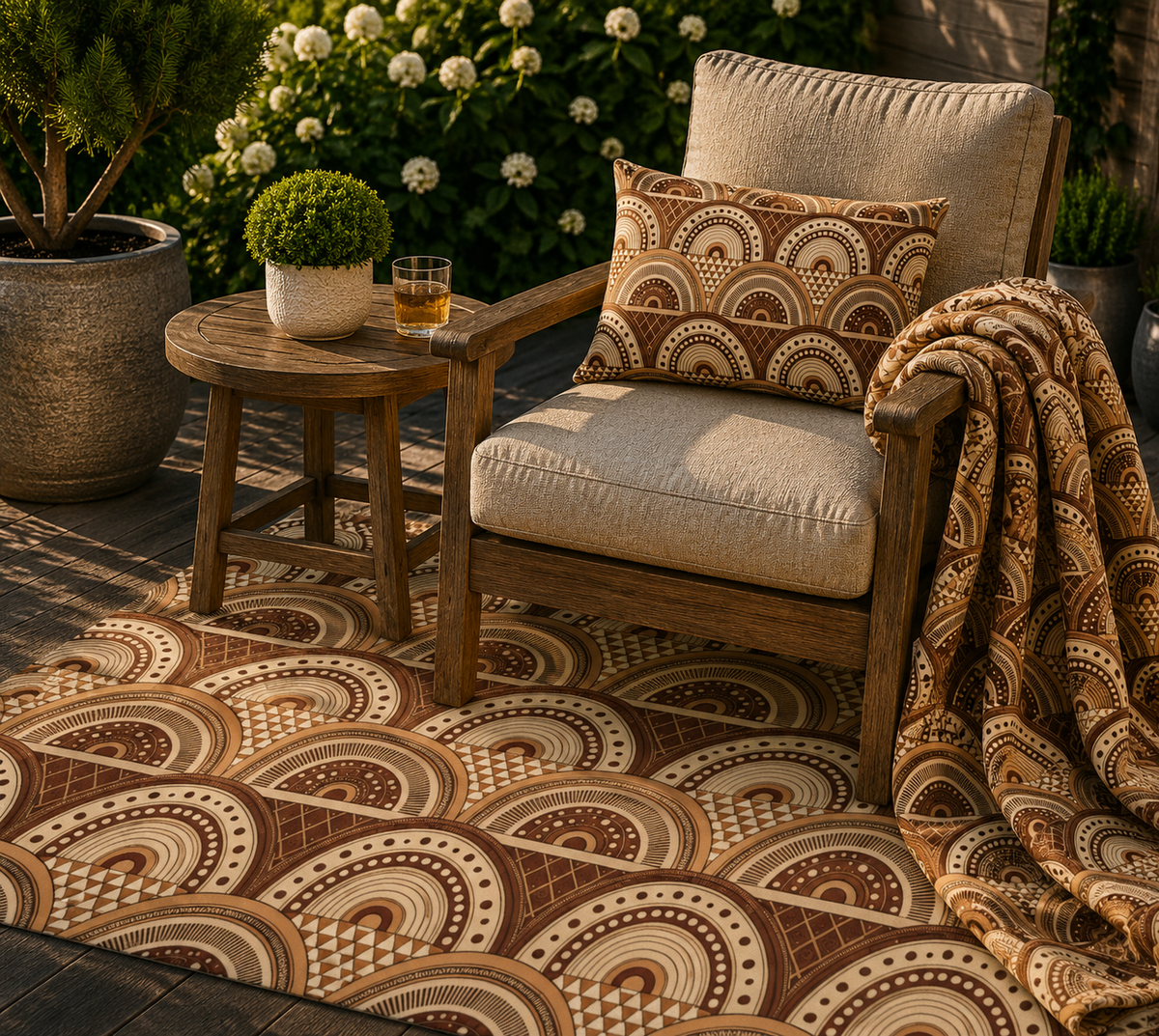 Clay boho arch outdoor rug — soft polyester chenille with a non-slip backing