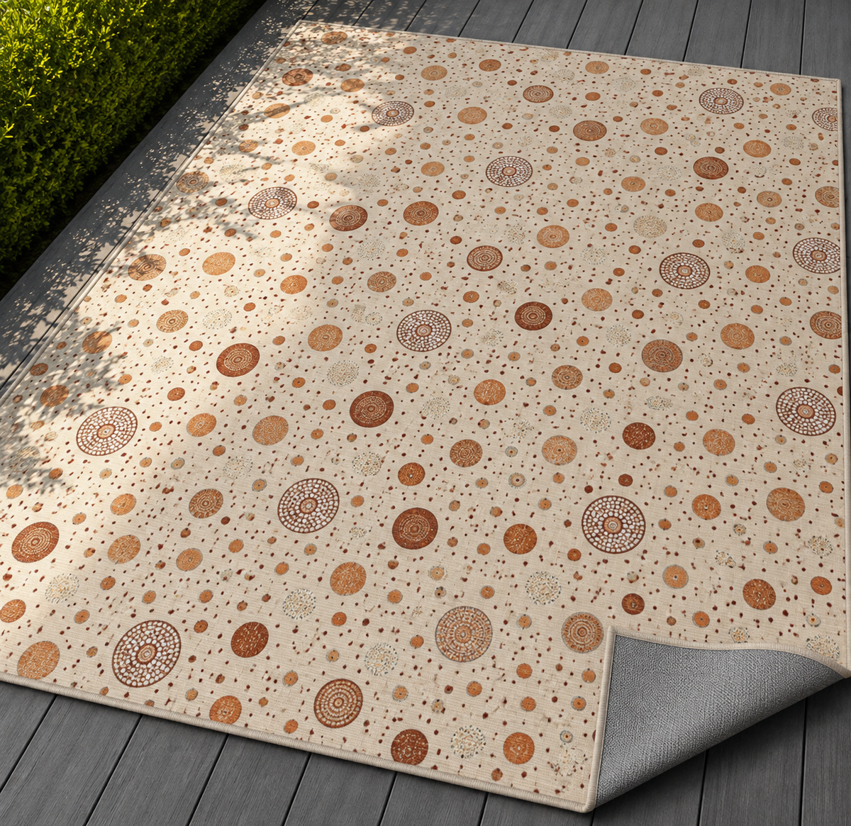 Copper scattered circle outdoor rug — soft polyester chenille with a non-slip backing