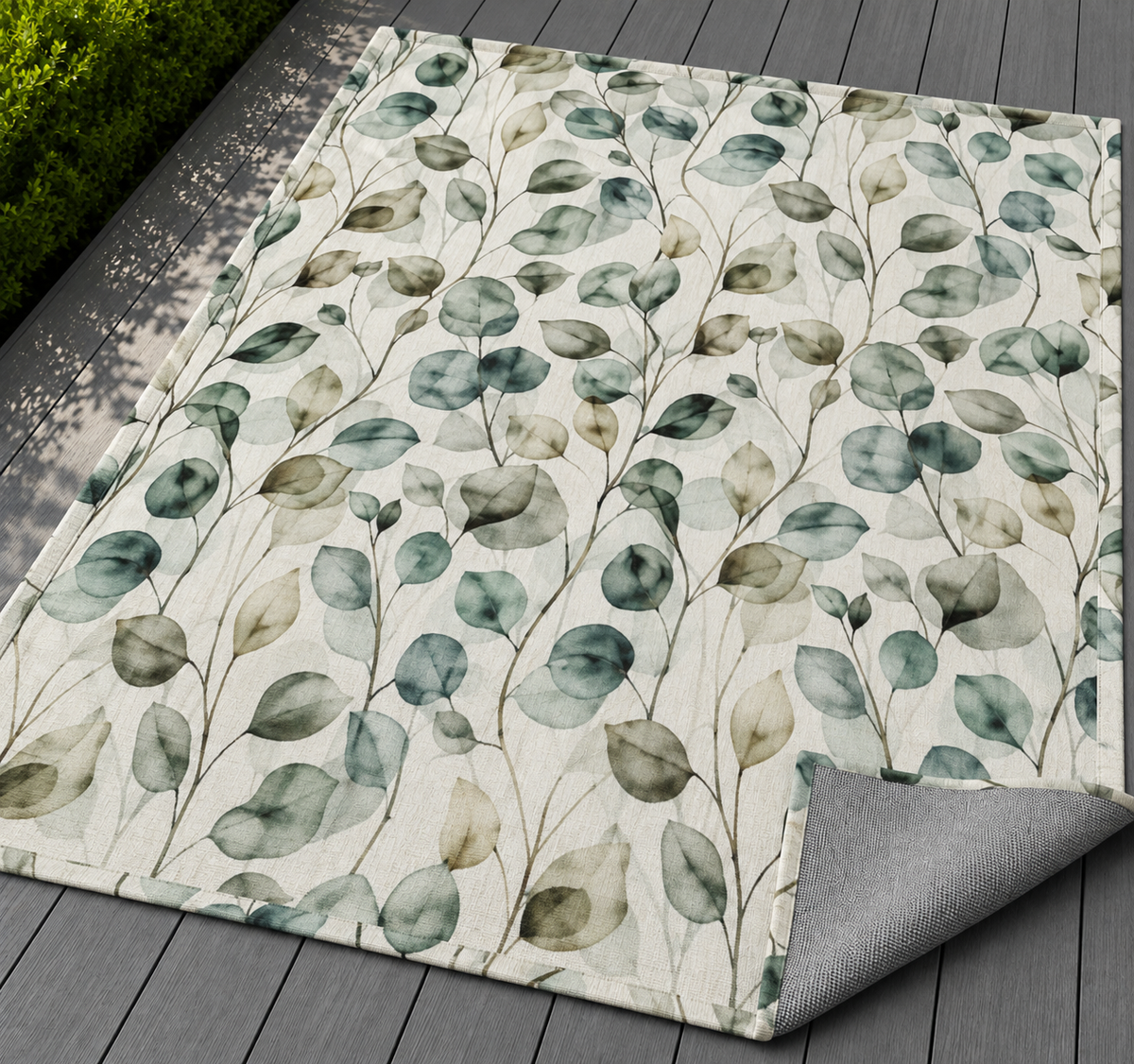 Eucalyptus watercolour outdoor rug — soft polyester chenille with a non-slip backing