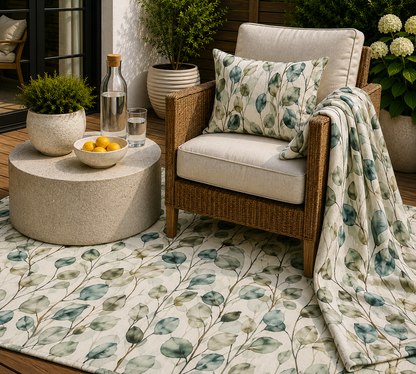 Eucalyptus watercolour outdoor rug — soft polyester chenille with a non-slip backing