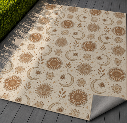Golden sun and moon outdoor rug — soft polyester chenille with a non-slip backing