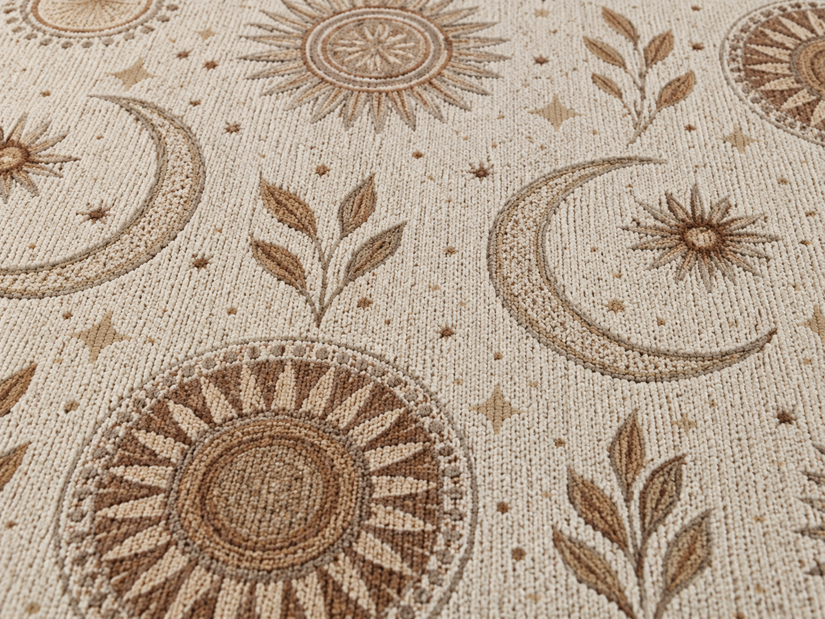 Golden sun and moon outdoor rug — soft polyester chenille with a non-slip backing