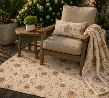 Golden sun and moon outdoor rug — soft polyester chenille with a non-slip backing