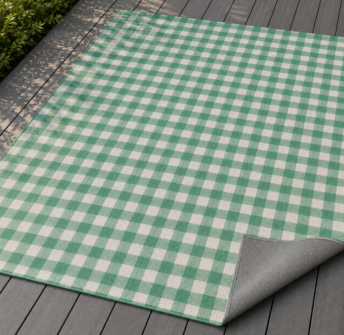 Green gingham outdoor rug — soft polyester chenille with a non-slip backing