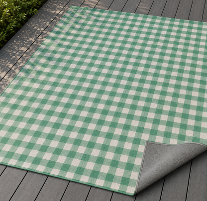 Green gingham outdoor rug — soft polyester chenille with a non-slip backing