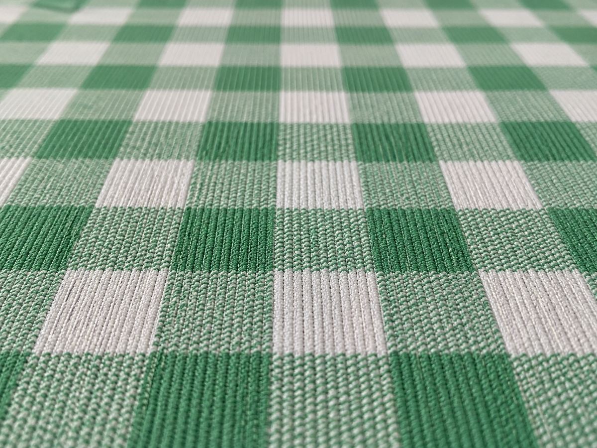 Green gingham outdoor rug — soft polyester chenille with a non-slip backing