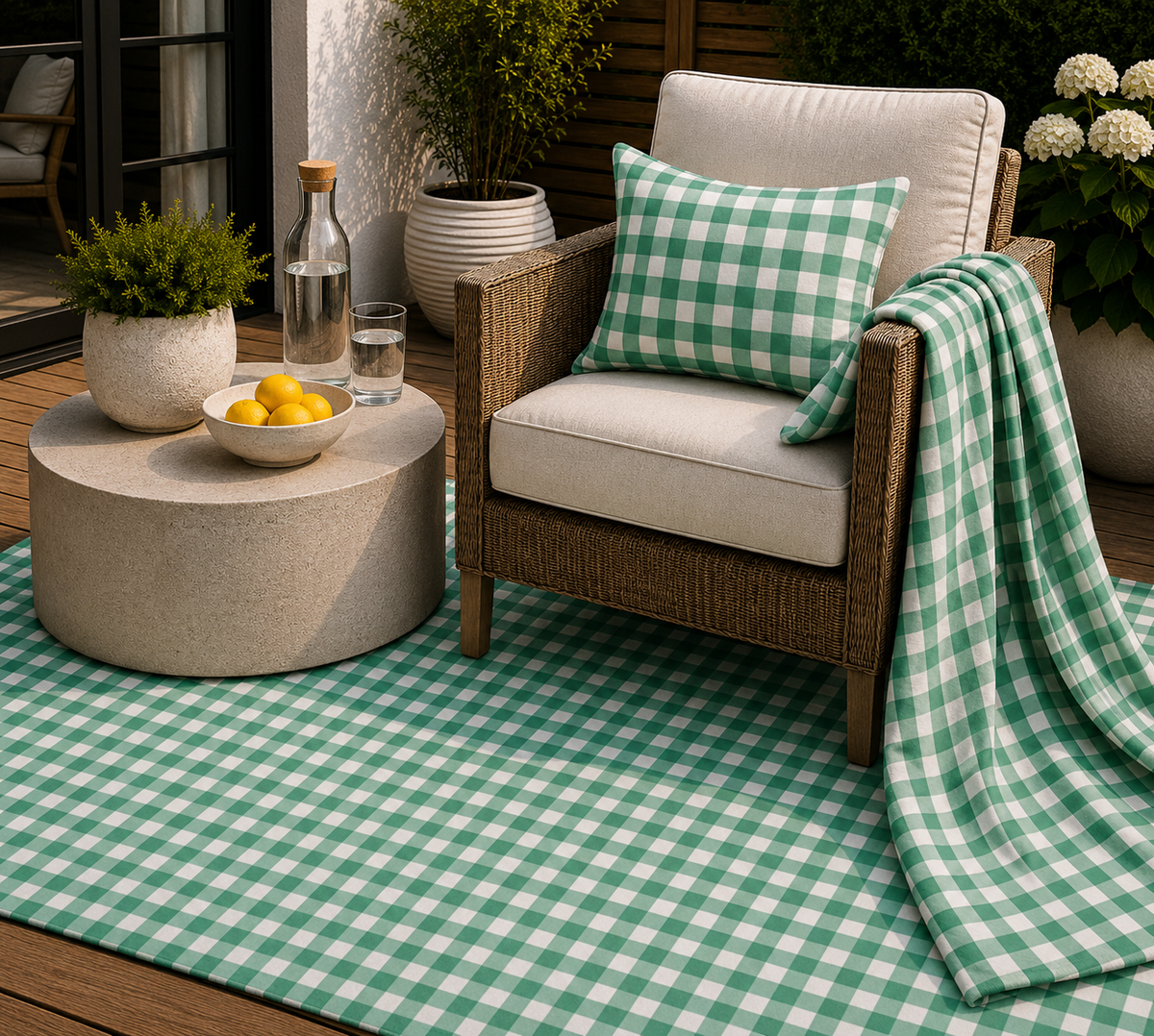 Green gingham outdoor rug — soft polyester chenille with a non-slip backing