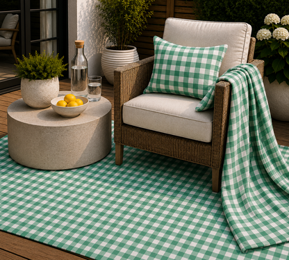 Green gingham outdoor rug — soft polyester chenille with a non-slip backing