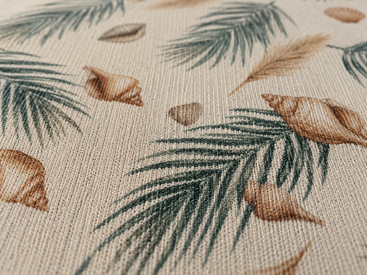 Green palm and shell outdoor rug — soft polyester chenille with a non-slip backing