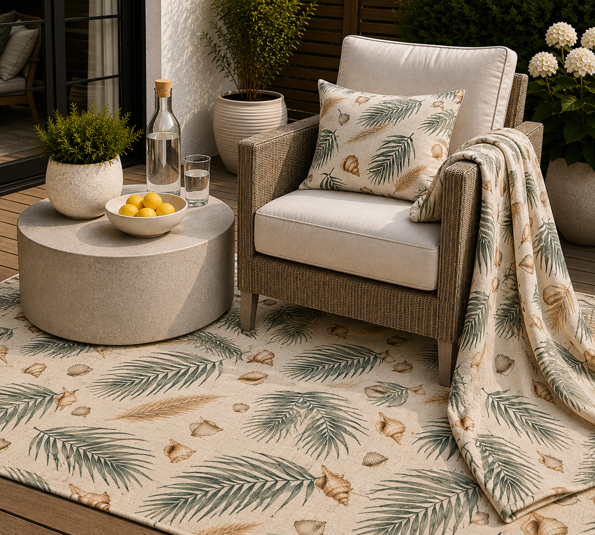 Green palm and shell outdoor rug — soft polyester chenille with a non-slip backing