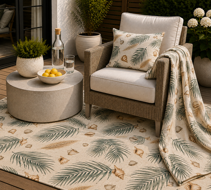 Green palm and shell outdoor rug — soft polyester chenille with a non-slip backing