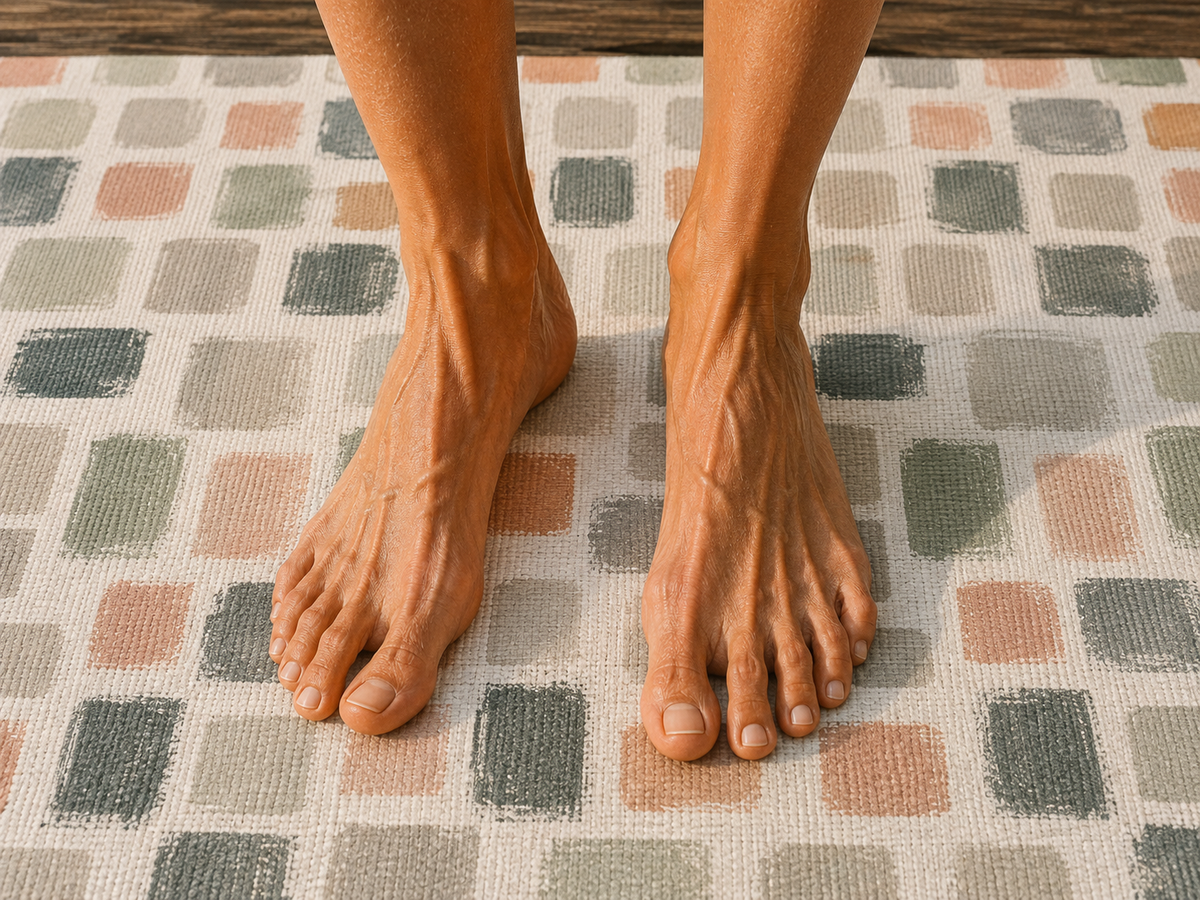 Painted tile outdoor rug in sage, terracotta and grey — soft polyester chenille with a non-slip backing