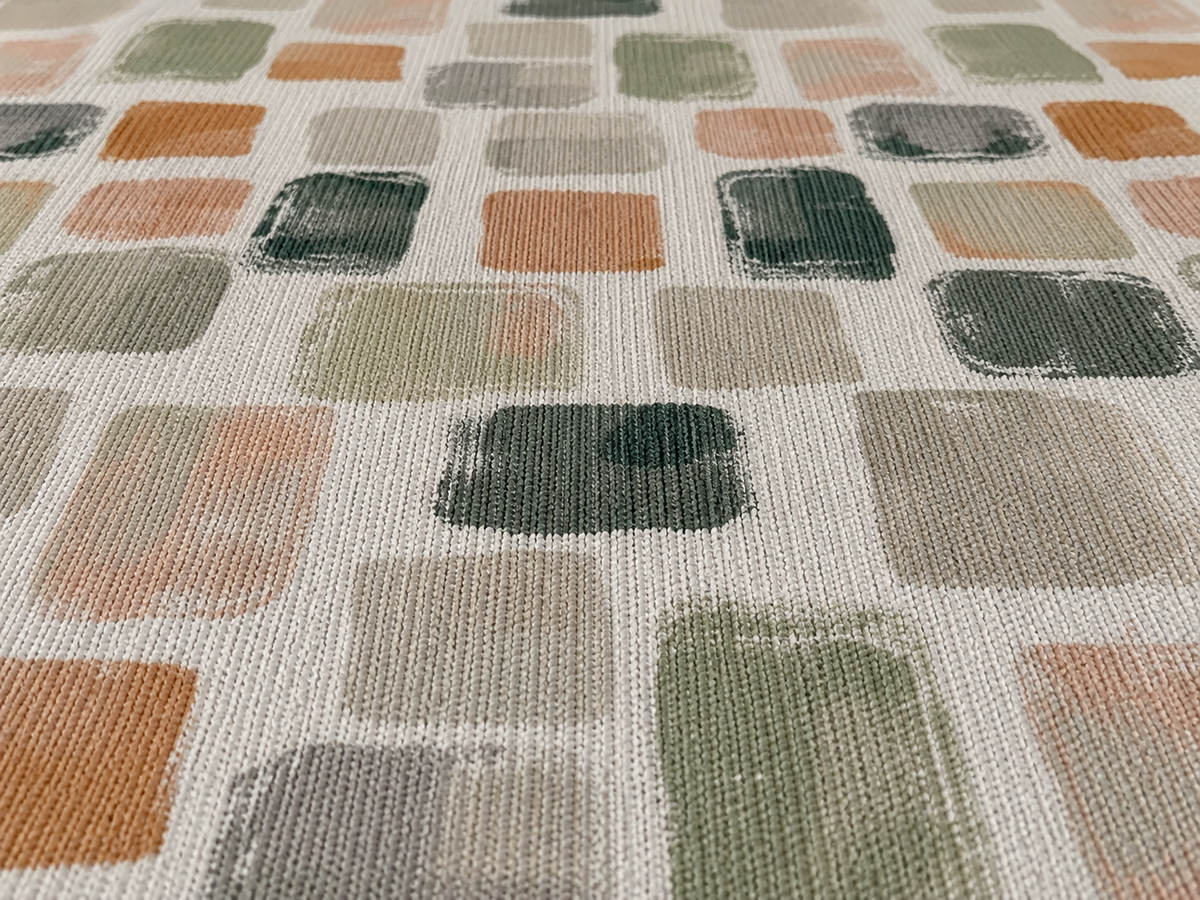 Painted tile outdoor rug in sage, terracotta and grey — soft polyester chenille with a non-slip backing