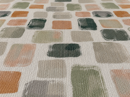 Painted tile outdoor rug in sage, terracotta and grey — soft polyester chenille with a non-slip backing