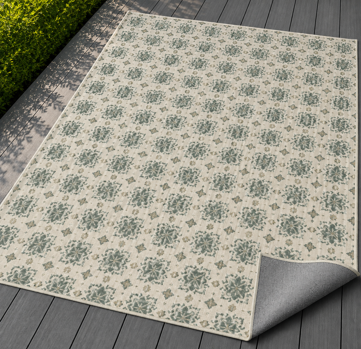 Sage cement tile outdoor rug — soft polyester chenille with a non-slip backing