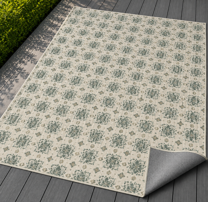 Sage cement tile outdoor rug — soft polyester chenille with a non-slip backing