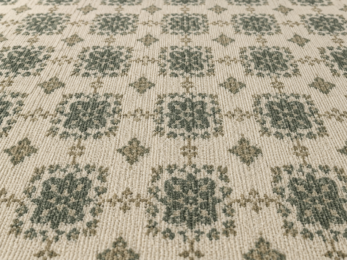Sage cement tile outdoor rug — soft polyester chenille with a non-slip backing