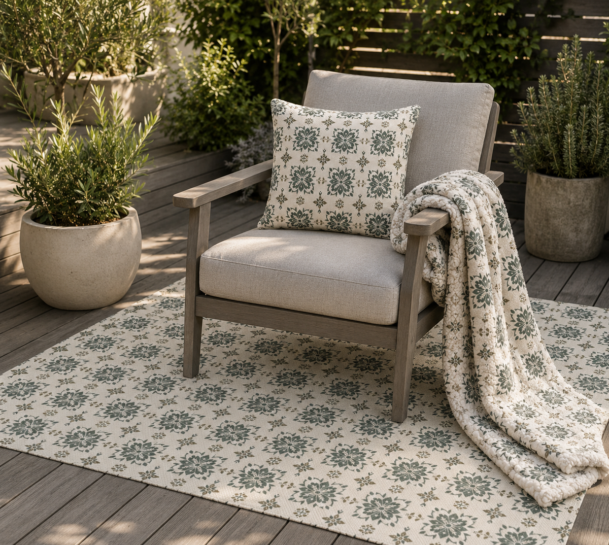 Sage cement tile outdoor rug — soft polyester chenille with a non-slip backing