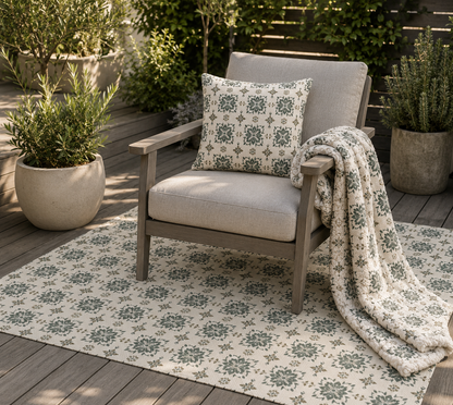 Sage cement tile outdoor rug — soft polyester chenille with a non-slip backing