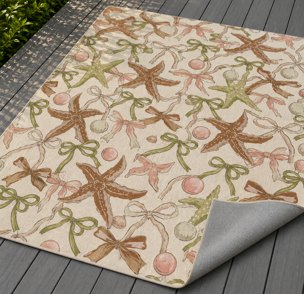 Sage starfish and bow outdoor rug — soft polyester chenille with a non-slip backing