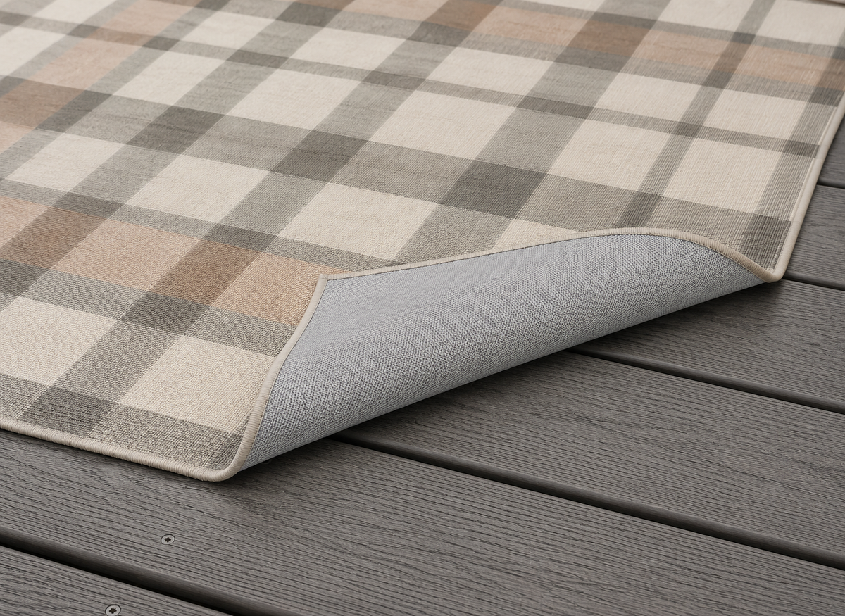 Taupe plaid outdoor rug — soft polyester chenille with a non-slip backing